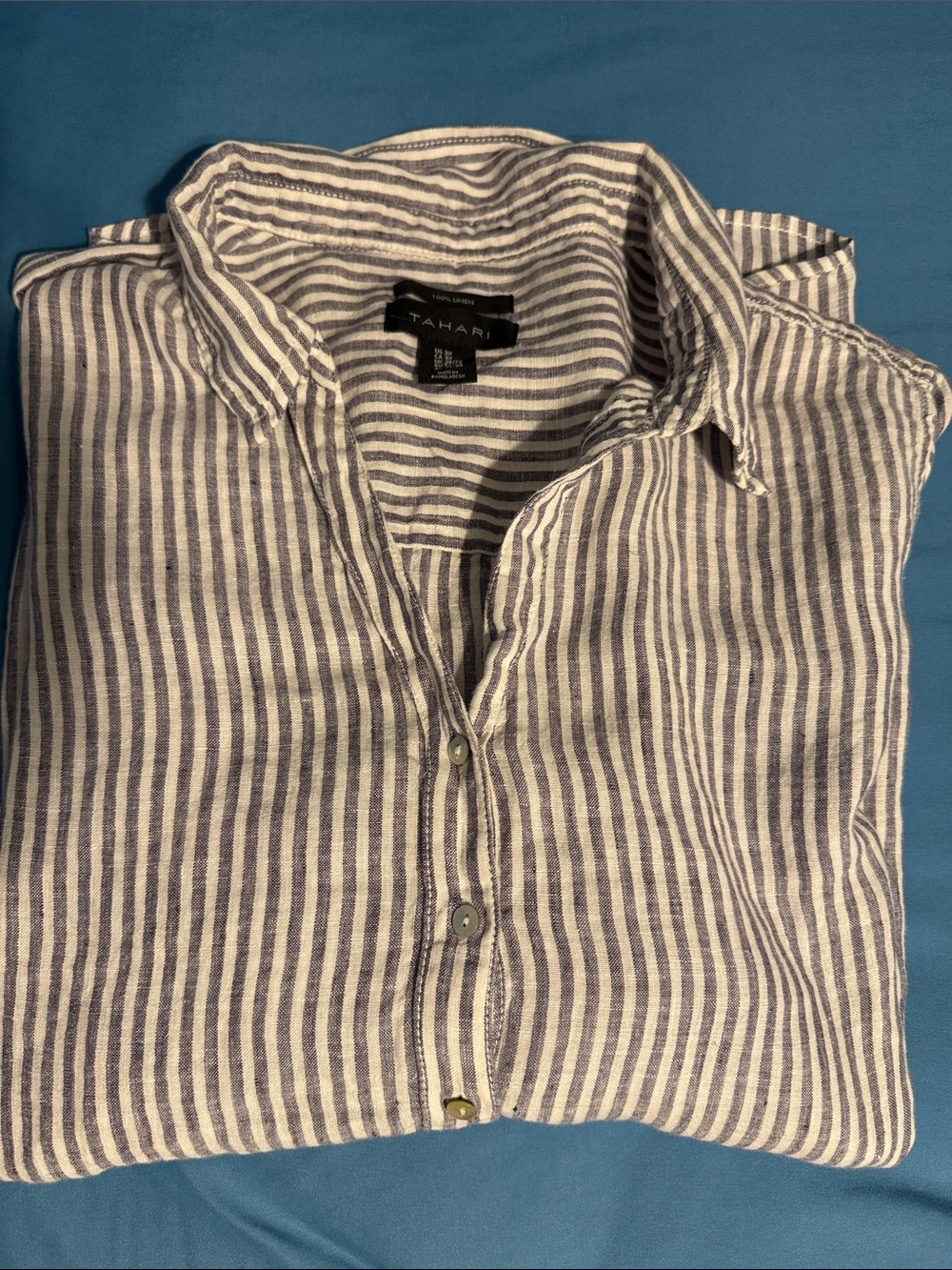 Tahari Gray and White Striped Linen Button-Down Shirt Women’s 3x